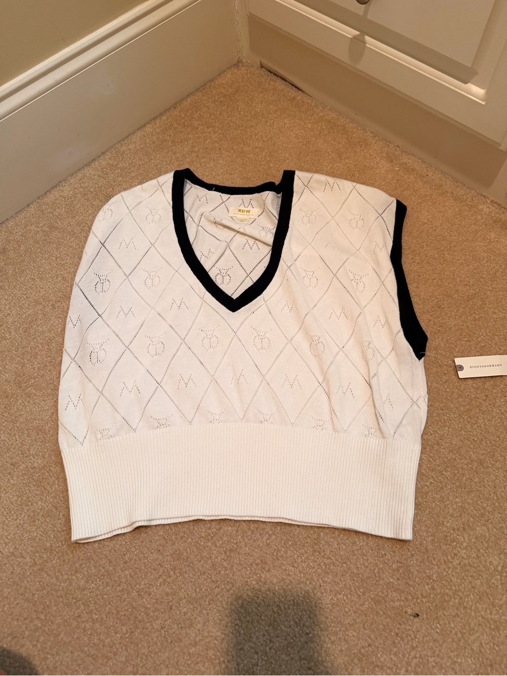Maeve White Knit V-Neck Sweater Vest with Black Trim